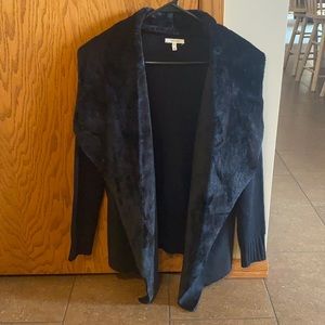 New, never worn black fur cardigan w/ knit back and sleeves and suede detail